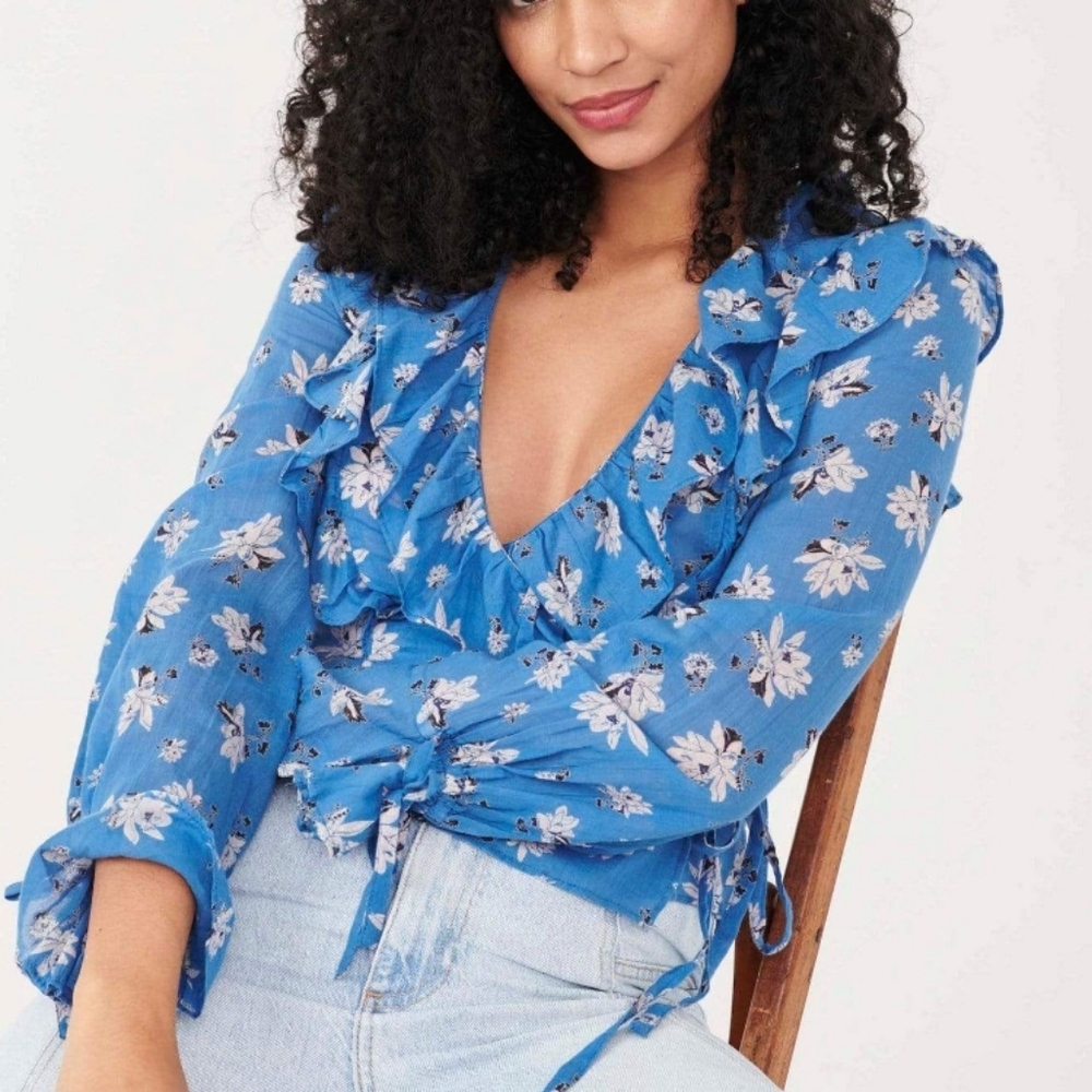 Free People Amanda Ruffle Top Long Sleeve Cool Combo Blue Floral Size Medium